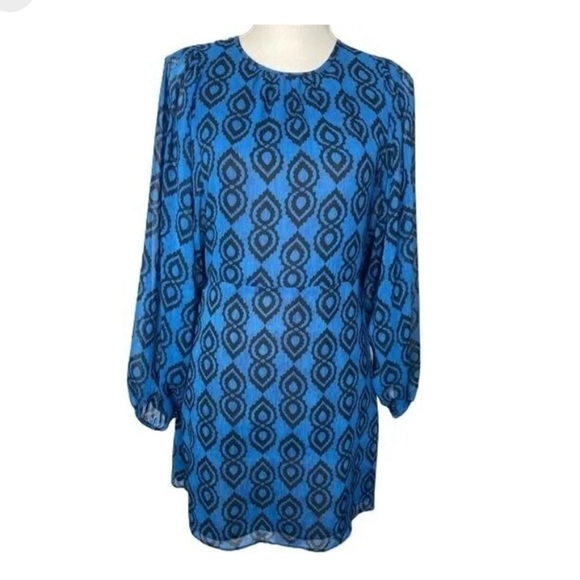ZARA Royal Blue Black Pattern Mini Dress Long Sleeves Lined Sheer Edgy Vacation - Picture 2 of 9